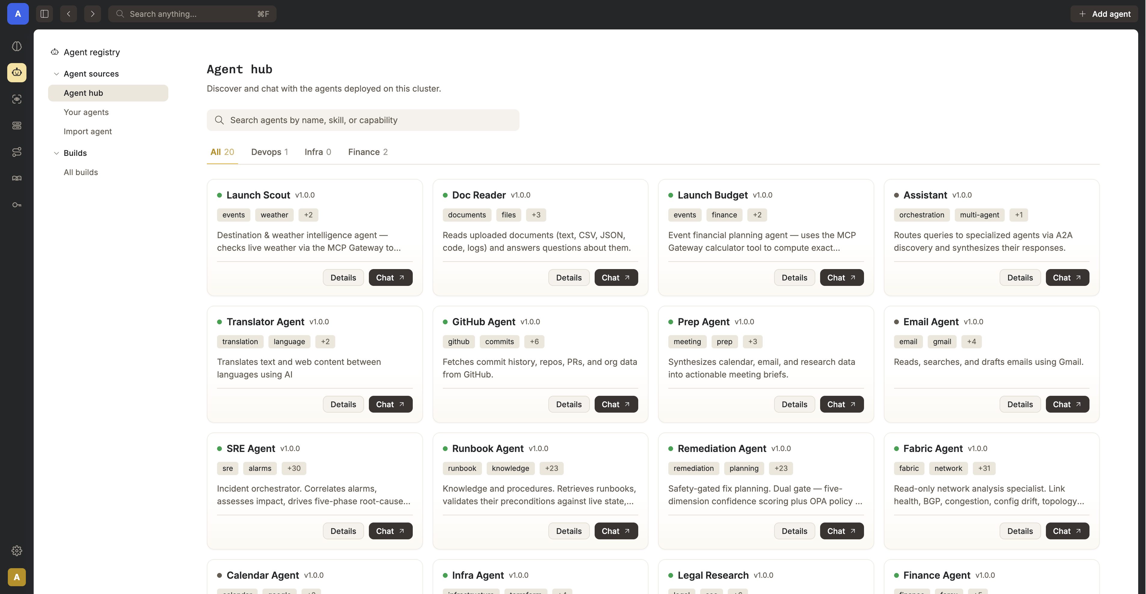 Nasiko Agent hub with a searchable registry and agent cards for development, infrastructure, and finance